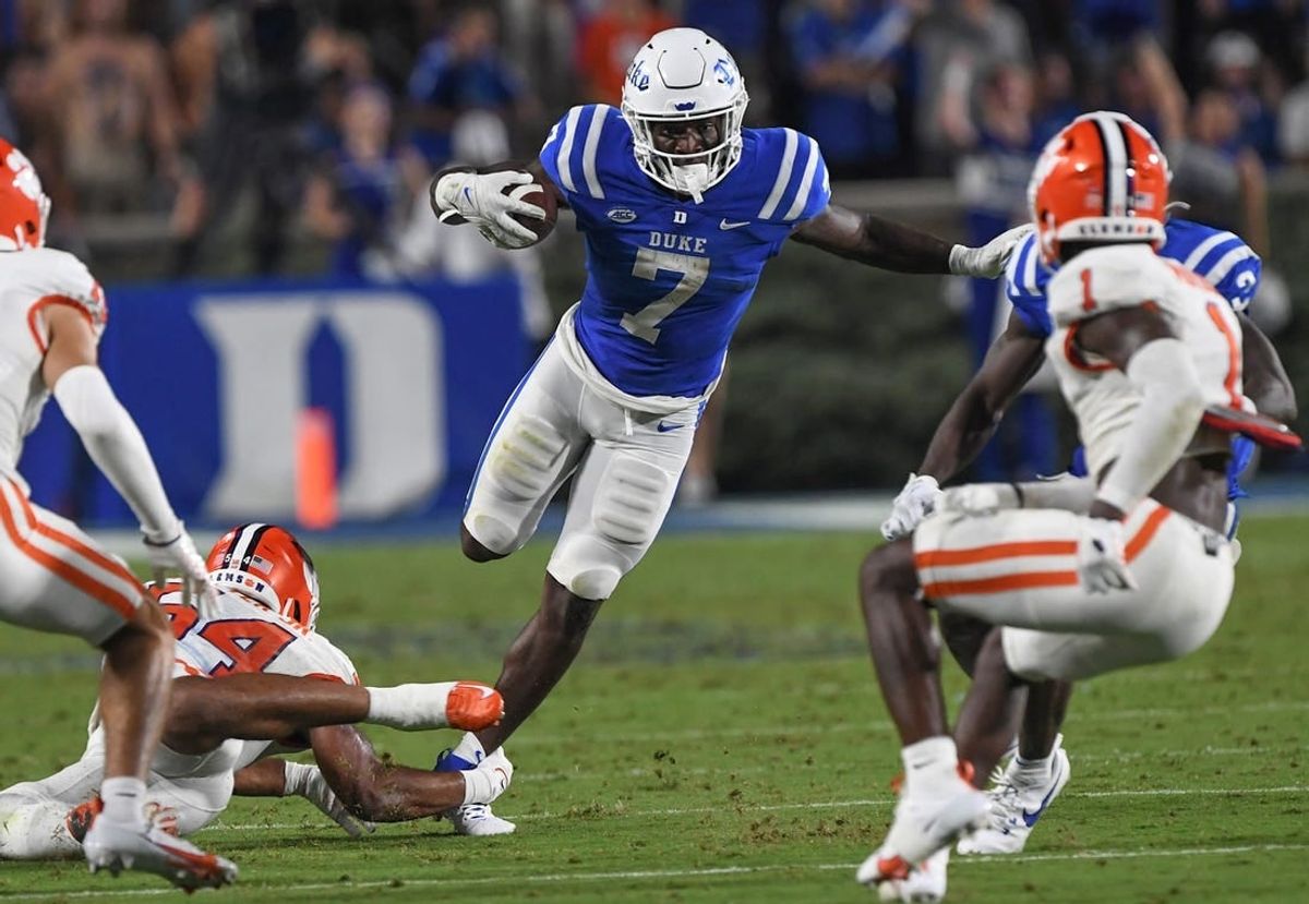 Sep 4, 2023; Durham, North Carolina, USA; Duke Blue Devils running back Jordan Waters (7) runs during the second quarter against the Clemson Tigers at Wallace Wade Stadium in Durham, N.C.