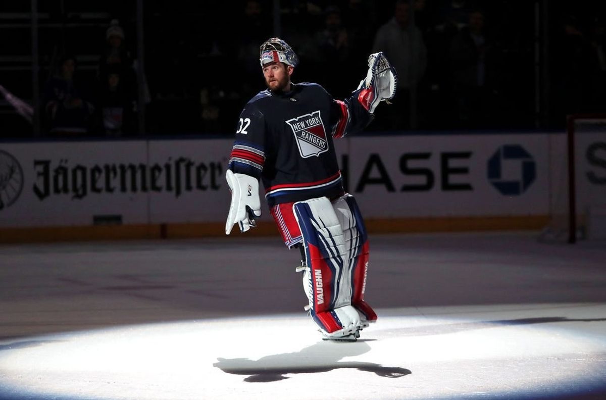 Dec 10, 2023; New York, New York, USA; New York Rangers goalie Jonathan Quick (32) is acknowledged as the first star of a 4-1 win against the Los Angeles Kings at Madison Square Garden.