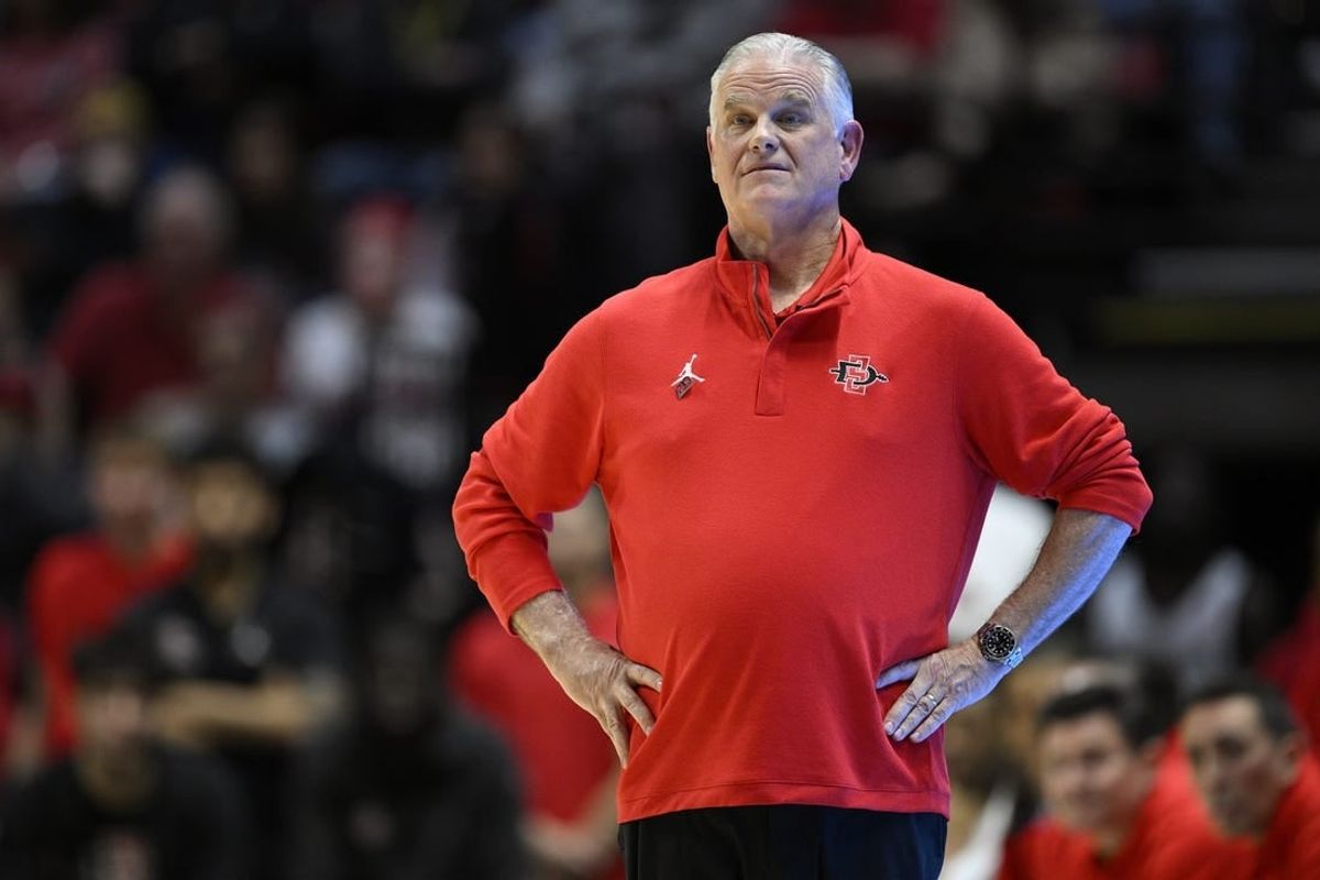 Feb 13, 2024; San Diego, California, USA; San Diego State Aztecs head coach Brian Dutcher looks on during the first half against the Colorado State Rams at Viejas Arena.