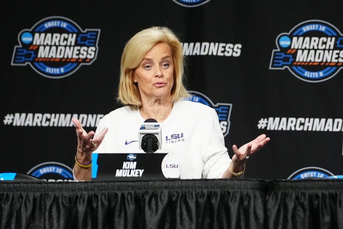 Mar 28, 2024; Albany, NY, USA; LSU Tigers head Ccoach Kim Mulkey answers questions during the press conference prior to their NCAA Tournament Sweet 16 game at MVP Arena.