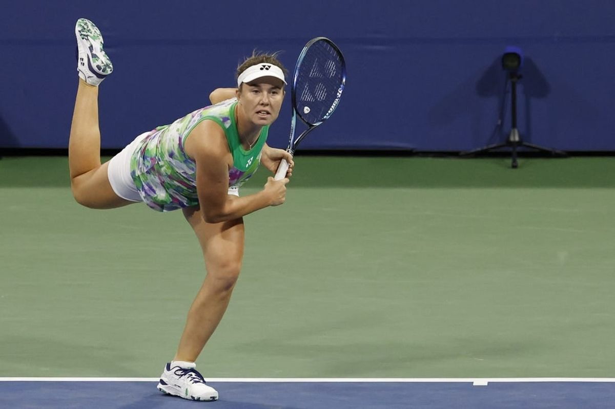 Aug 31, 2023; Flushing, NY, USA; Linda Noskova of the Czech Republic serves against Ons Jabeur of Tunisia (not pictured) on day four of the 2023 U.S. Open tennis tournament at USTA Billie Jean King National Tennis Center.