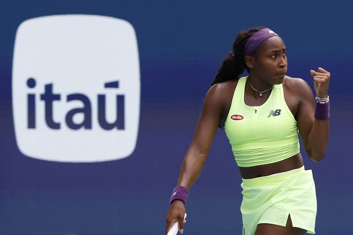 Mar 25, 2024; Miami Gardens, FL, USA; Coco Gauff (USA) reacts after winning a game against Caroline Garcia (FRA) (not pictured) on day eight of the Miami Open at Hard Rock Stadium.