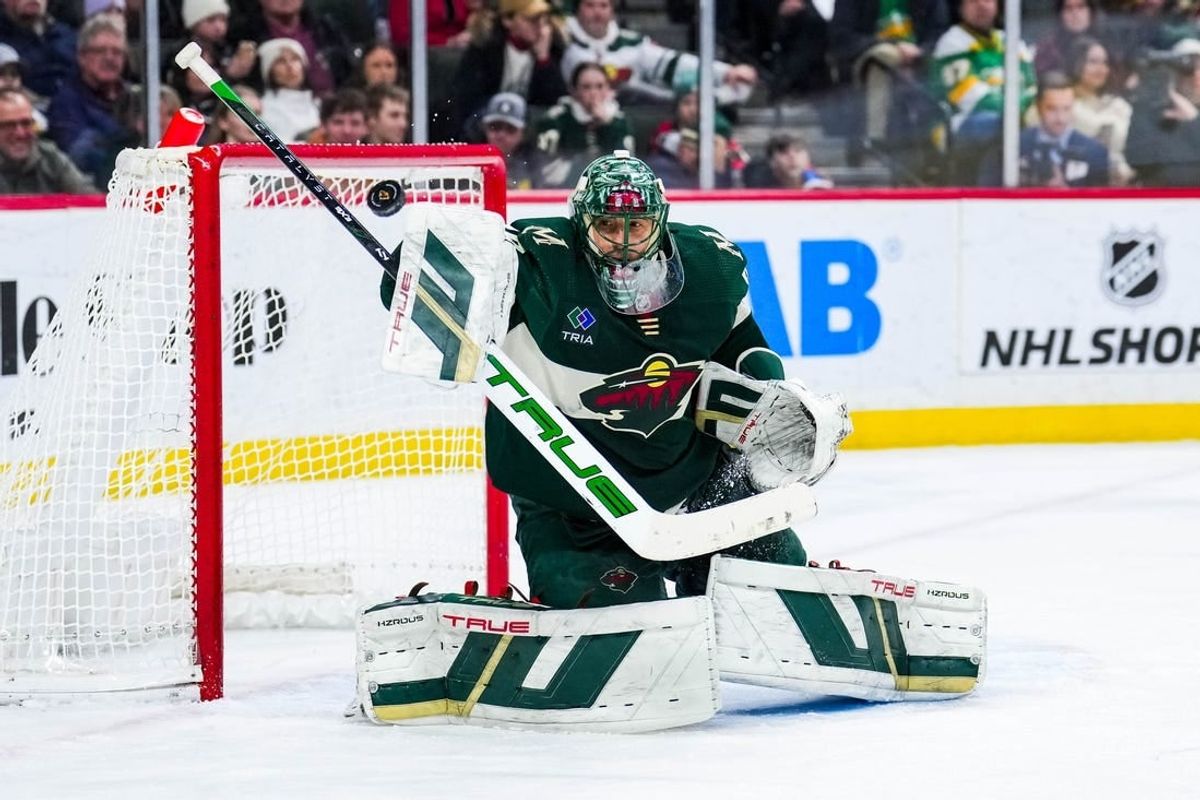 Jan 15, 2024; Saint Paul, Minnesota, USA; Minnesota Wild goaltender Marc-Andre Fleury (29) makes a save during the third period against the New York Islanders at Xcel Energy Center.