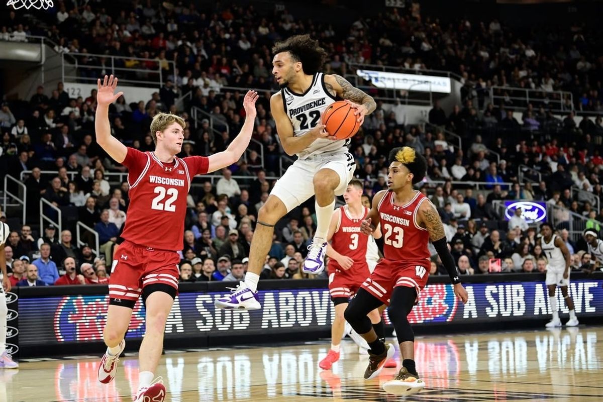Nov 14, 2023; Providence, Rhode Island, USA; Providence Friars guard Devin Carter (22) grabs a pass during the first half against the Wisconsin Badgers at Amica Mutual Pavilion.