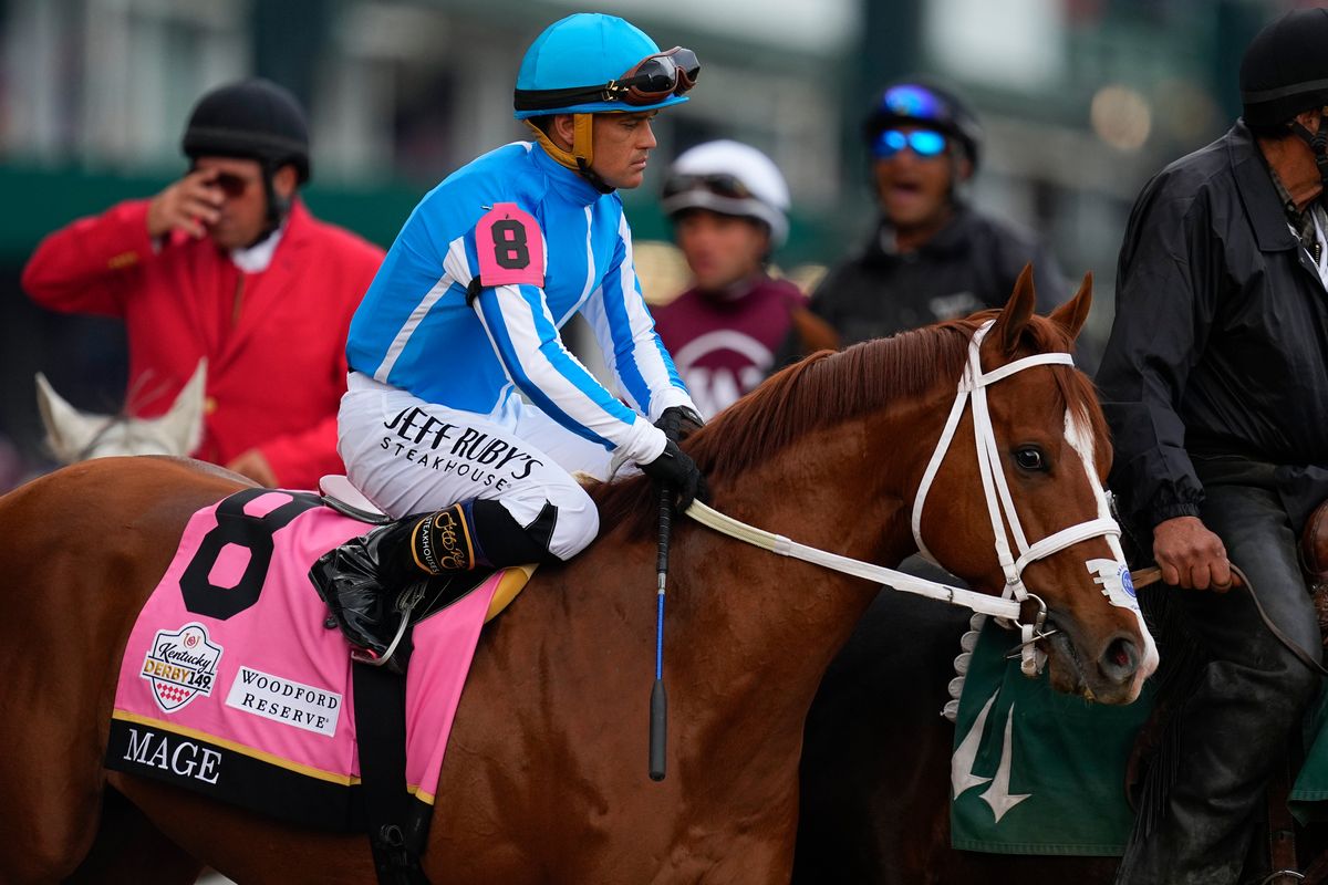 Javier Castellano, atop Mage, parades on the track before participating in the 149th running of the Kentucky Derby.