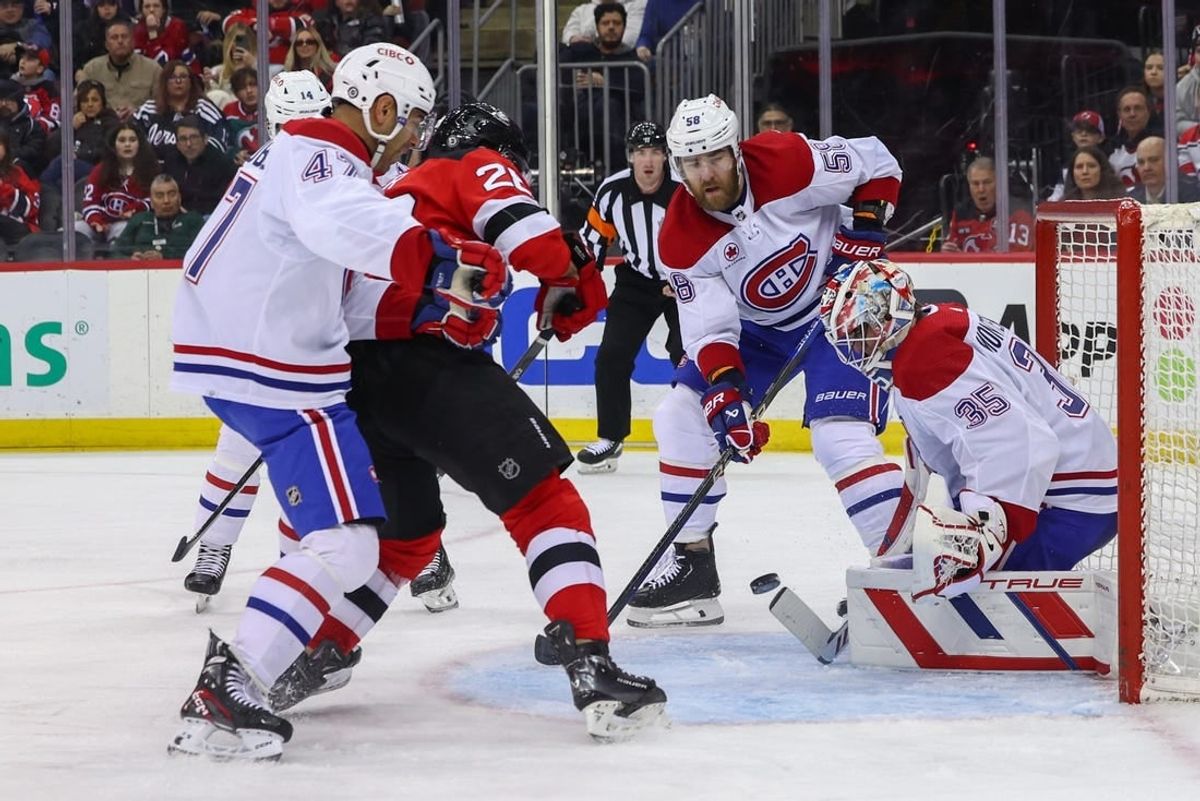 Jan 17, 2024; Newark, New Jersey, USA; Montreal Canadiens goaltender Sam Montembeault (35) makes a save against the New Jersey Devils during the second period at Prudential Center.