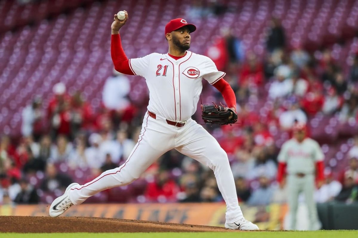 Apr 22, 2024; Cincinnati, Ohio, USA; Cincinnati Reds starting pitcher Hunter Greene (21) pitches against the Philadelphia Phillies in the first inning at Great American Ball Park.