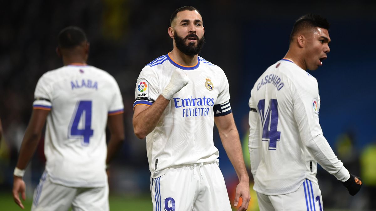 Karim Benzema, Captain of Real Madrid CF celebrates scoring the opening goal during the La Liga Santander match between Real Madrid CF and Club Atletico de Madrid at Estadio Santiago Bernabeu on December 12, 2021 in Madrid.