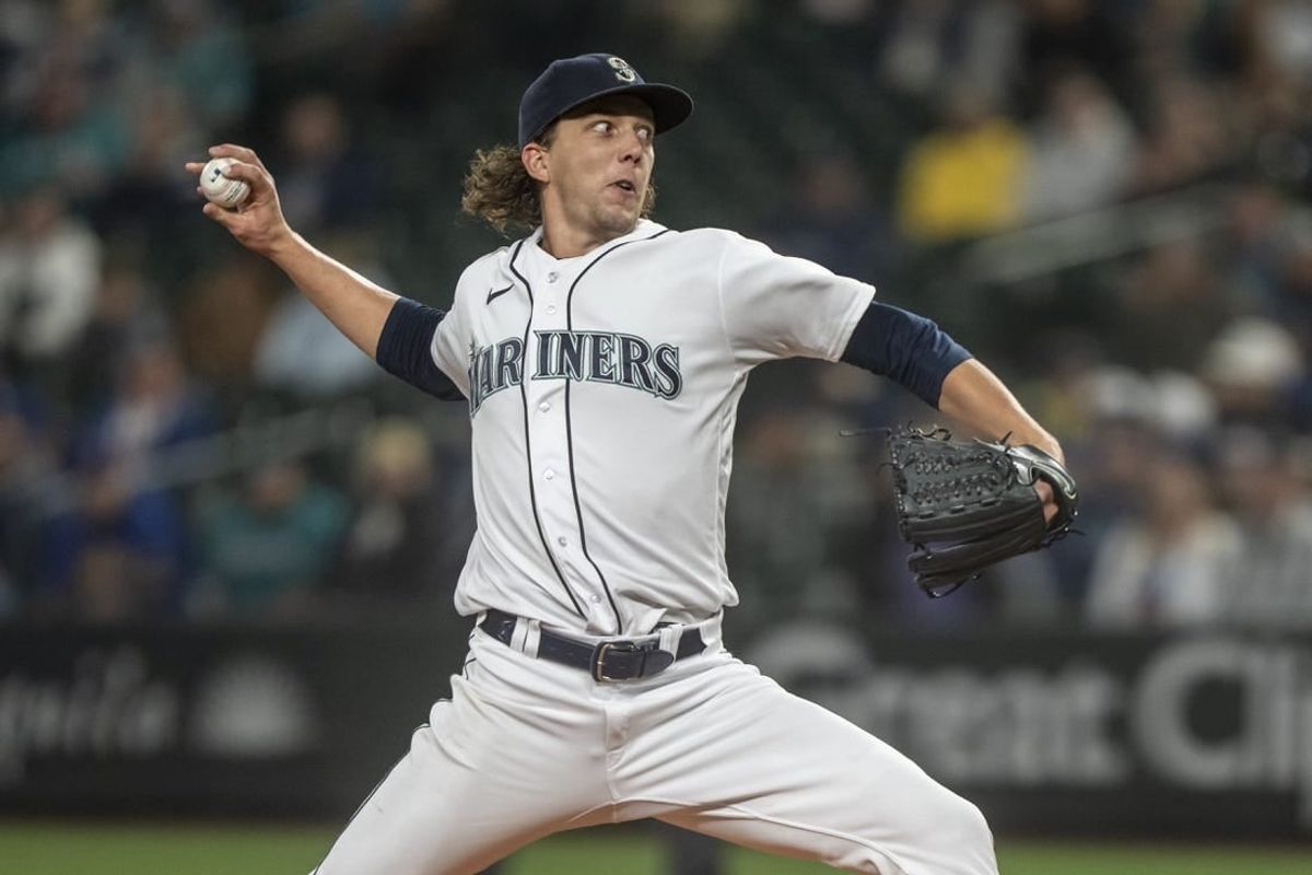 Sep 28, 2023; Seattle, Washington, USA; Seattle Mariners starter Logan Gilbert (36) delivers a pitch during the first inning against the Texas Rangers at T-Mobile Park.