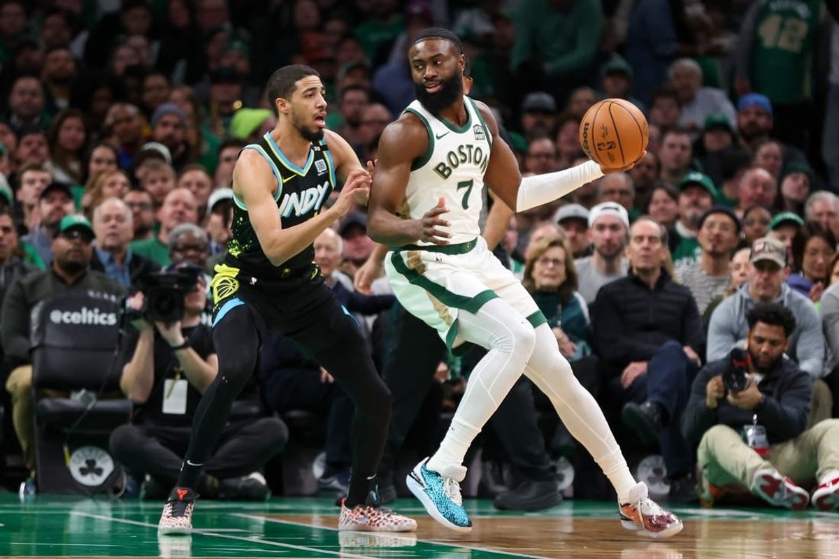 Jan 30, 2024; Boston, Massachusetts, USA; Boston Celtics forward Jaylen Brown (7) drives to the basket during the first half against the Indiana Pacers at TD Garden.