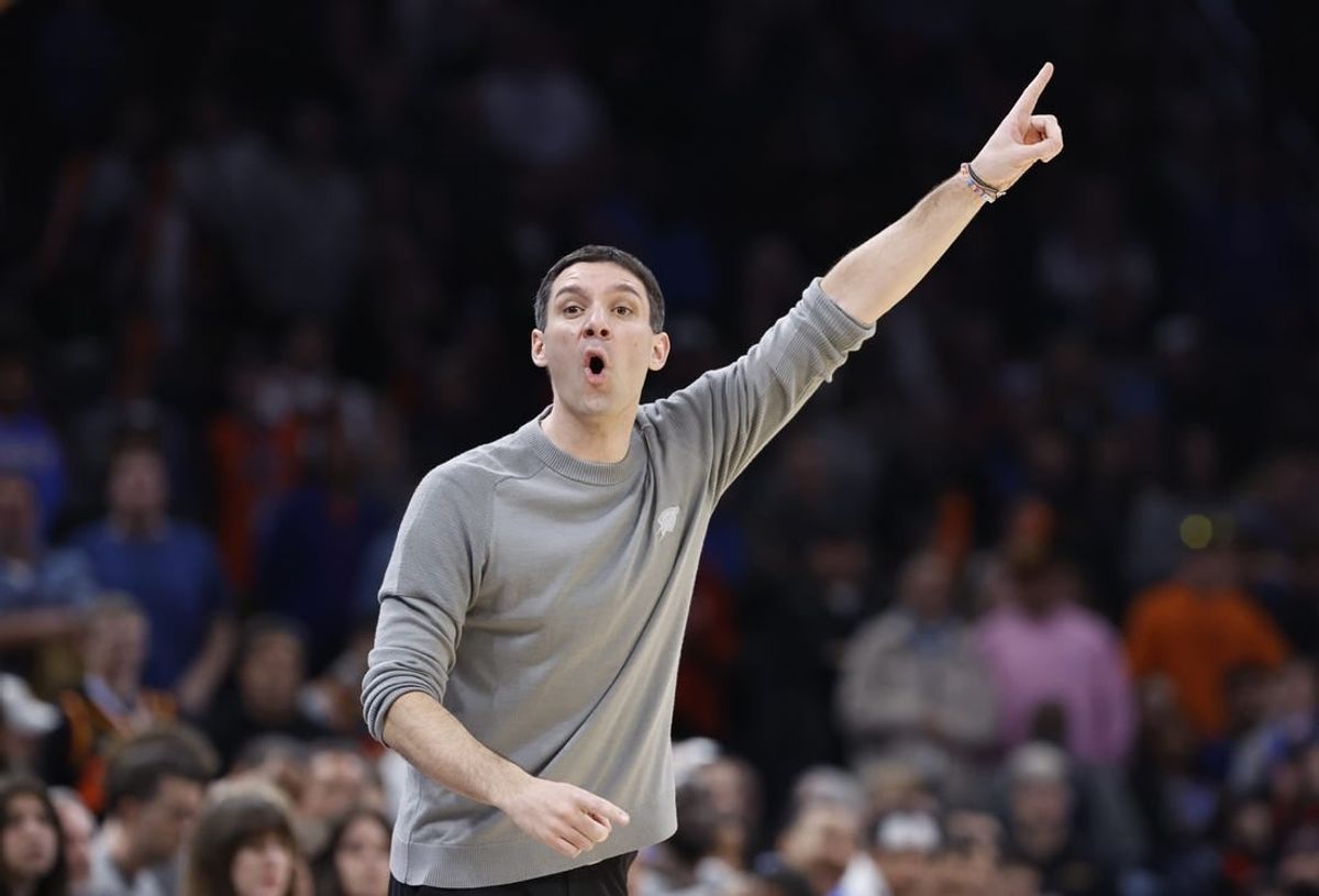 Feb 4, 2024; Oklahoma City, Oklahoma, USA; Oklahoma City Thunder head coach Mark Daigneault gestures to his team on a play against the Toronto Raptors during the second half at Paycom Center.