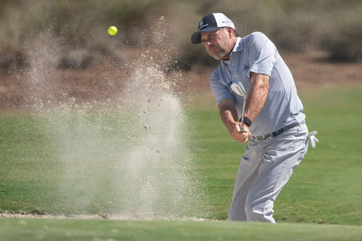 Doug Barron (USA) hits a shot from a bunker on the 18th hole during the first round of the Chubb Classic, Friday, Feb. 18, 2022, at Tibur  n Golf Club at The Ritz-Carlton Golf Resort in Naples, Fla.

Chubb Classic first round, Feb. 18, 2022