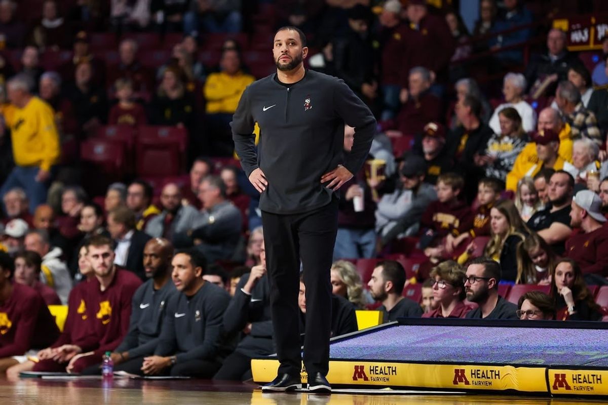 Nov 30, 2023; Minneapolis, Minnesota, USA; Minnesota Golden Gophers head coach Ben Johnson looks on during the first half against the New Orleans Privateers at Williams Arena.
