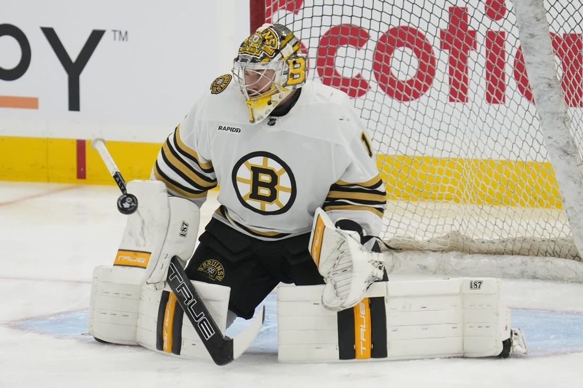 Mar 4, 2024; Toronto, Ontario, CAN; Boston Bruins goaltender Jeremy Swayman (1) makes a save during warm up before a game against the Toronto Maple Leafs at Scotiabank Arena.