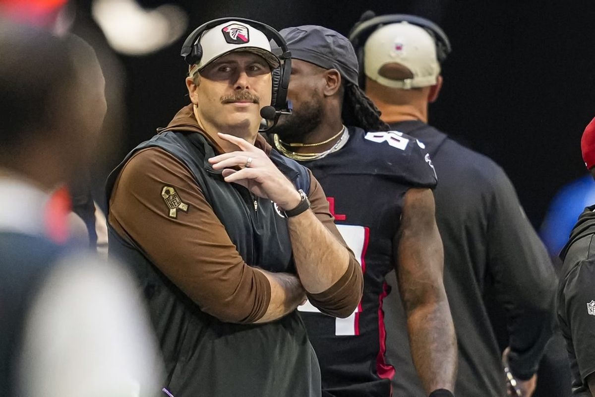 Nov 5, 2023; Atlanta, Georgia, USA; Atlanta Falcons head coach Arthur Smith on the field against the Minnesota Vikings at Mercedes-Benz Stadium.