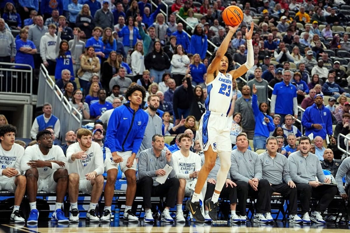 Mar 23, 2024; Pittsburgh, PA, USA; Creighton Bluejays guard Trey Alexander (23) shoots the ball during the second half of the game against the Oregon Ducks in the second round of the 2024 NCAA Tournament at PPG Paints Arena.
