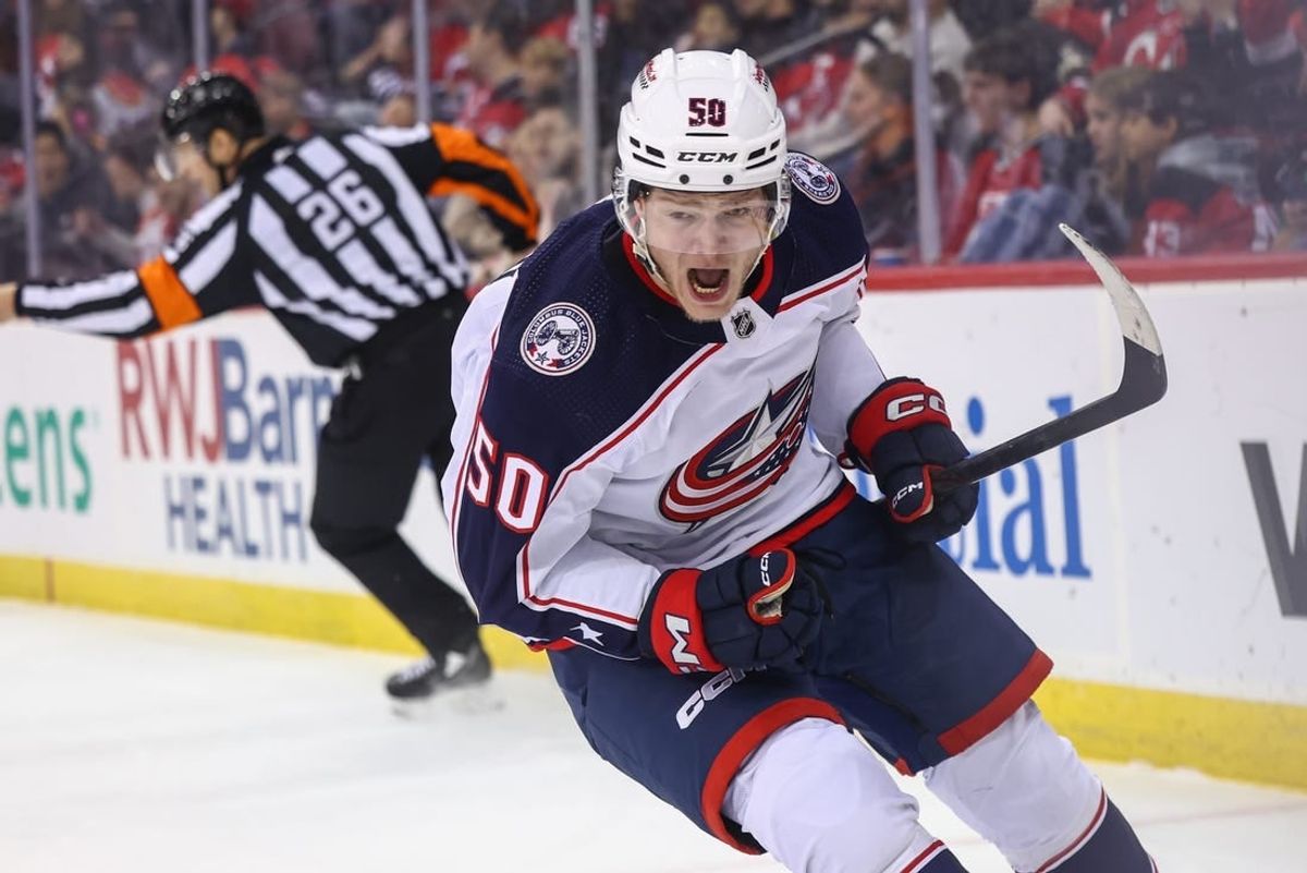 Nov 24, 2023; Newark, New Jersey, USA; Columbus Blue Jackets left wing Eric Robinson (50) celebrates his goal against the New Jersey Devils during the first period at Prudential Center.
