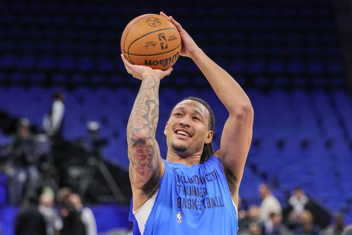 Feb 13, 2024; Orlando, Florida, USA; Oklahoma City Thunder forward Jaylin Williams (6) warms up before the game against the Orlando Magic at Amway Center.
