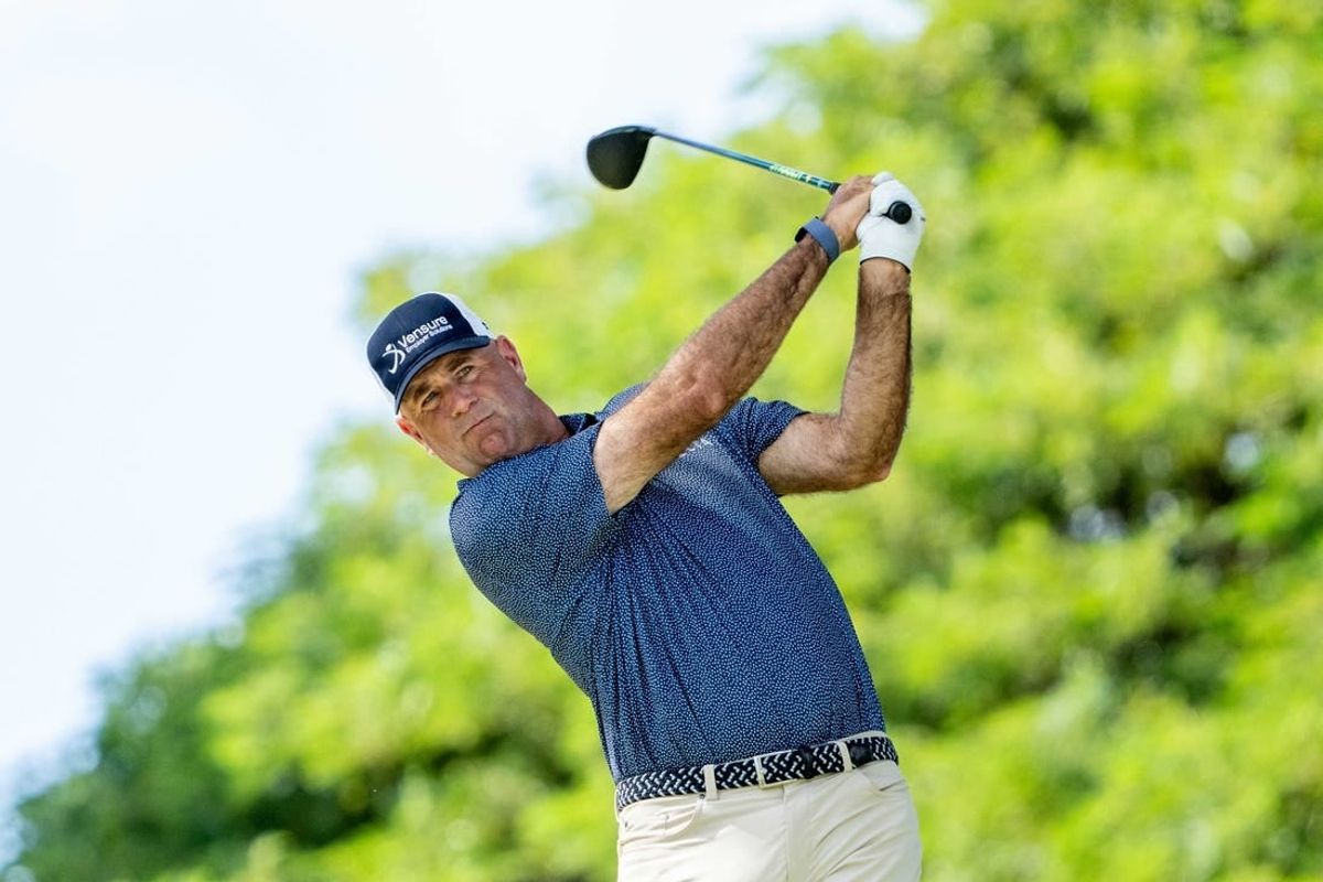 January 13, 2024; Honolulu, Hawaii, USA; Stewart Cink hits his tee shot on the second hole during the third round of the Sony Open in Hawaii golf tournament at Waialae Country Club.