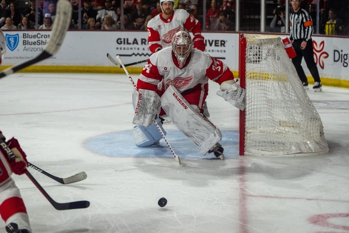 Mar 8, 2024; Tempe, Arizona, USA; Detroit Red Wings goalie Alex Lyon (34) reacts to the puck as it nears the goal in the second period during a game against the Arizona Coyotes at Mullett Arena.
