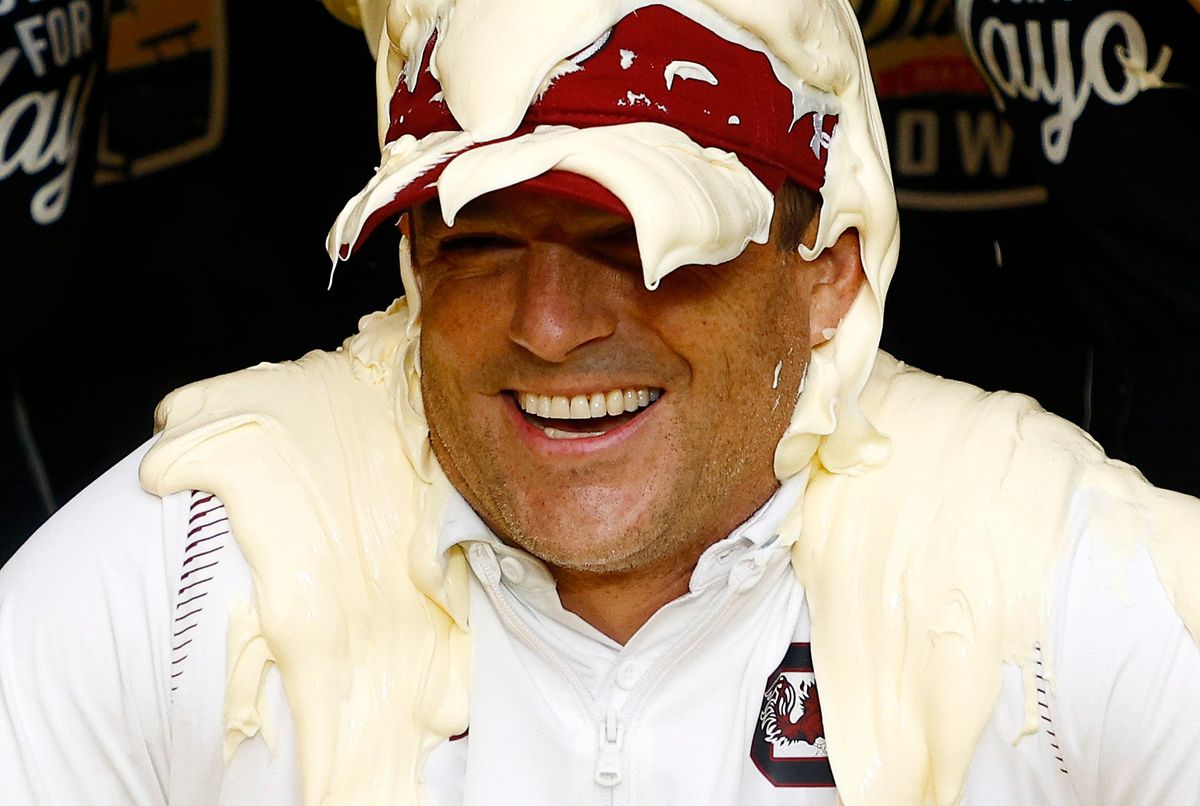 South Carolina coach  Shane Beamer got doused with mayonnaise but he didn’t seem to mind.
