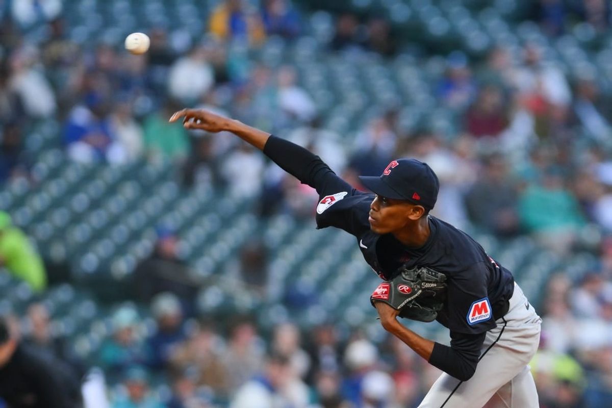 Apr 1, 2024; Seattle, Washington, USA;  Cleveland Guardians starting pitcher Triston McKenzie (24) pitches to the Cleveland Guardians during the first inning at T-Mobile Park.