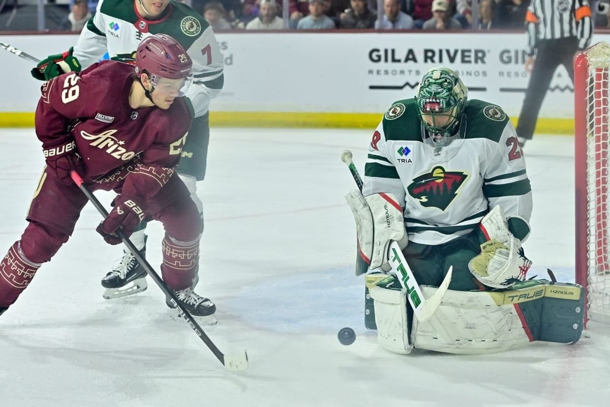 Mar 7, 2024; Tempe, Arizona, USA; Minnesota Wild goaltender Marc-Andre Fleury (29) makes a save on Arizona Coyotes center Barrett Hayton (29) in the second period at Mullett Arena.