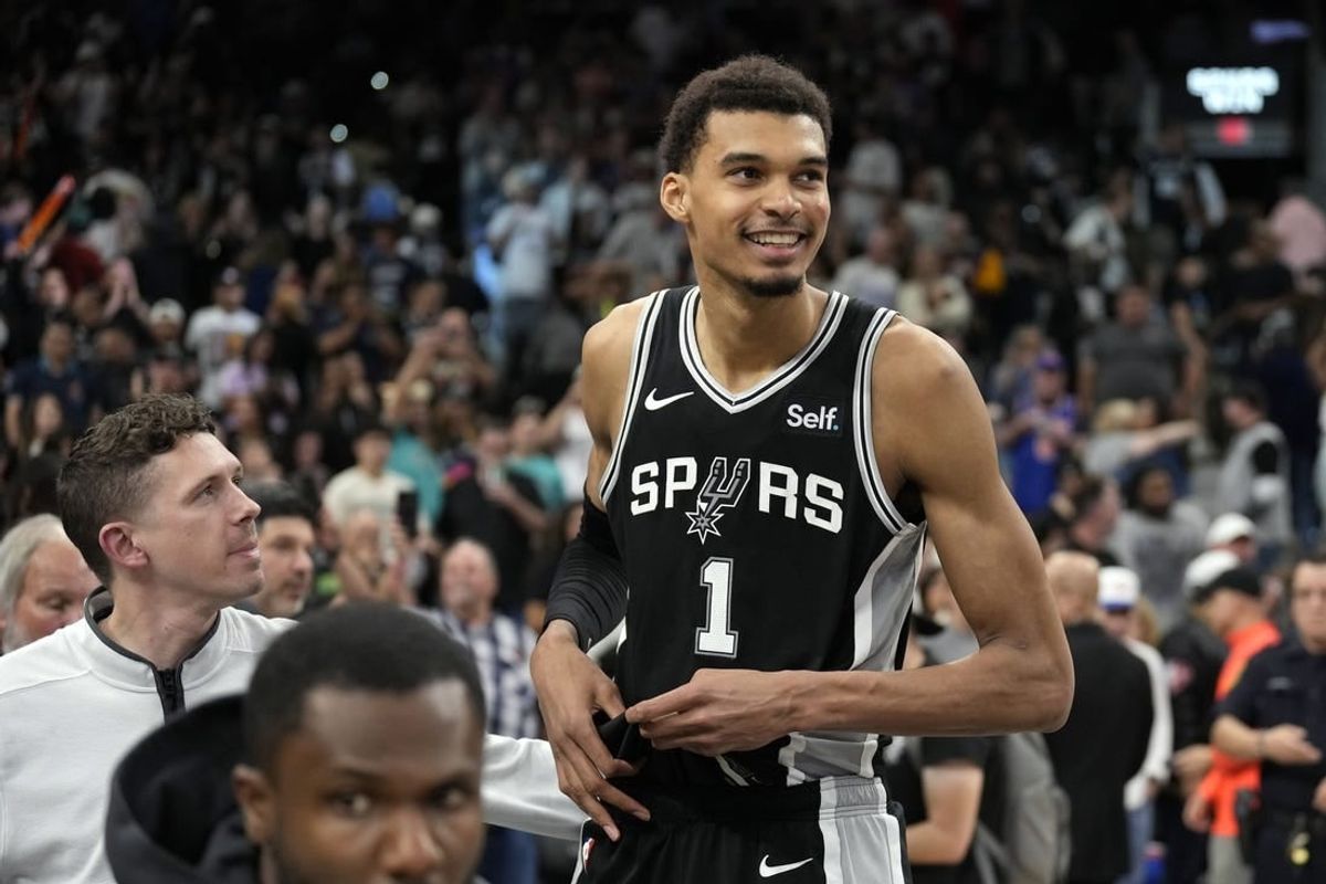 Mar 29, 2024; San Antonio, Texas, USA; San Antonio Spurs forwards Victor Wembanyama (1) reacts after an overtime victory over the New York Knicks at Frost Bank Center.