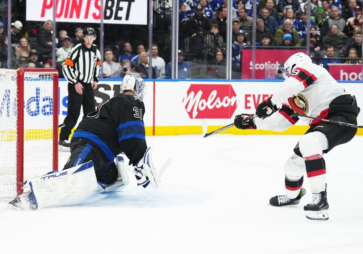 Dec 27, 2023; Toronto, Ontario, CAN; Ottawa Senators right wing Drake Batherson (19) scores a goal onf Toronto Maple Leafs goaltender Martin Jones (31) during the second period at Scotiabank Arena.
