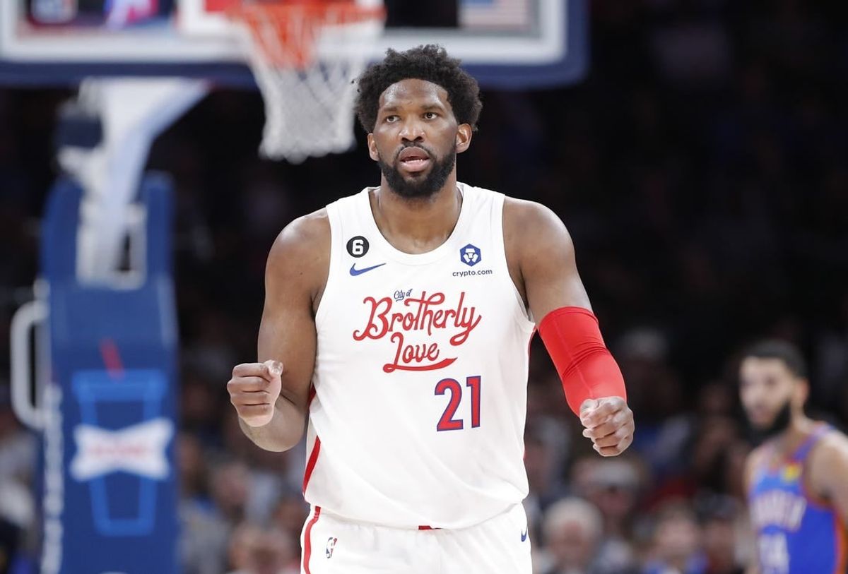 Dec 31, 2022; Oklahoma City, Oklahoma, USA; Philadelphia 76ers center Joel Embiid (21) gestures after a basket against the Oklahoma City Thunder during the second half at Paycom Center. Philadelphia won 115-96.