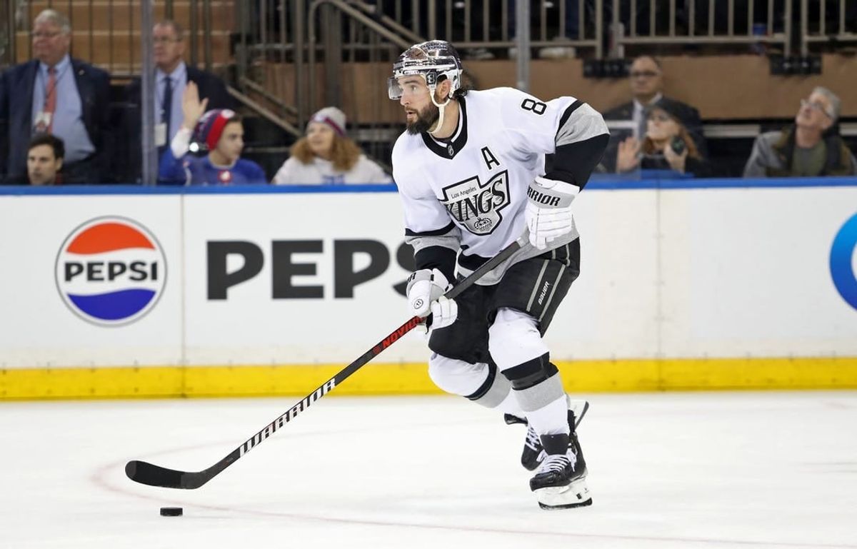 Dec 10, 2023; New York, New York, USA; Los Angeles Kings defenseman Drew Doughty (8) looks to pass against the New York Rangers during the third period at Madison Square Garden.