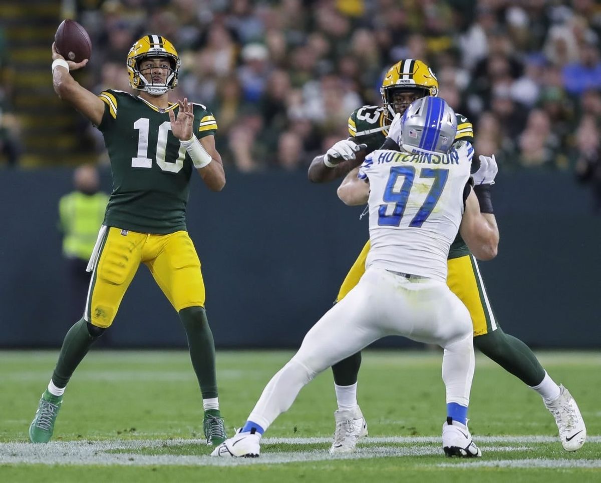 Sep 28, 2023; Green Bay, Wisconsin, USA; Green Bay Packers quarterback Jordan Love (10) passes the ball against the Detroit Lions during their football game on Thursday, September 28, 2023, at Lambeau Field in Green Bay, Wis. The Lions won the game, 34-20.