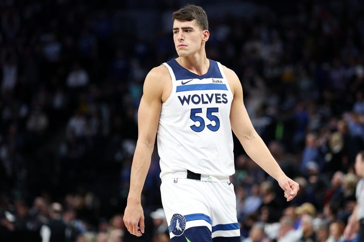 Apr 3, 2024; Minneapolis, Minnesota, USA; Minnesota Timberwolves center Luka Garza (55) looks on during the fourth quarter against the Toronto Raptors at Target Center.