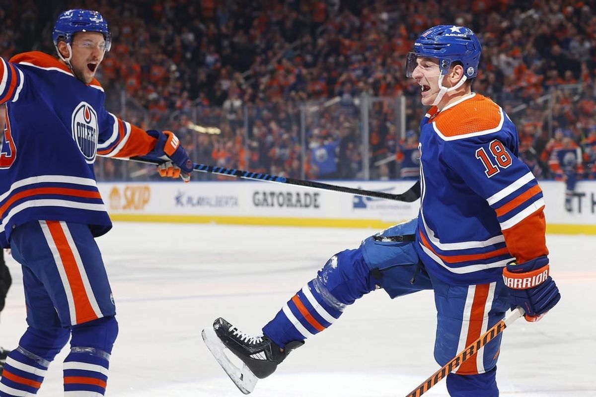 Dec 6, 2023; Edmonton, Alberta, CAN; Edmonton Oilers forward Zach Hyman (18) celebrates after scoring a goal against the Carolina Hurricanes during the first period at Rogers Place.