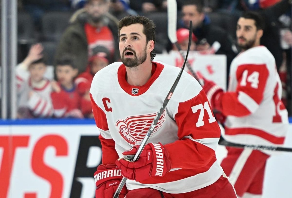 Jan 14, 2024; Toronto, Ontario, CAN;  Detroit Red Wings forward Dylan Larkin (71) warms up before playing the Toronto Maple Leafs at Scotiabank Arena.