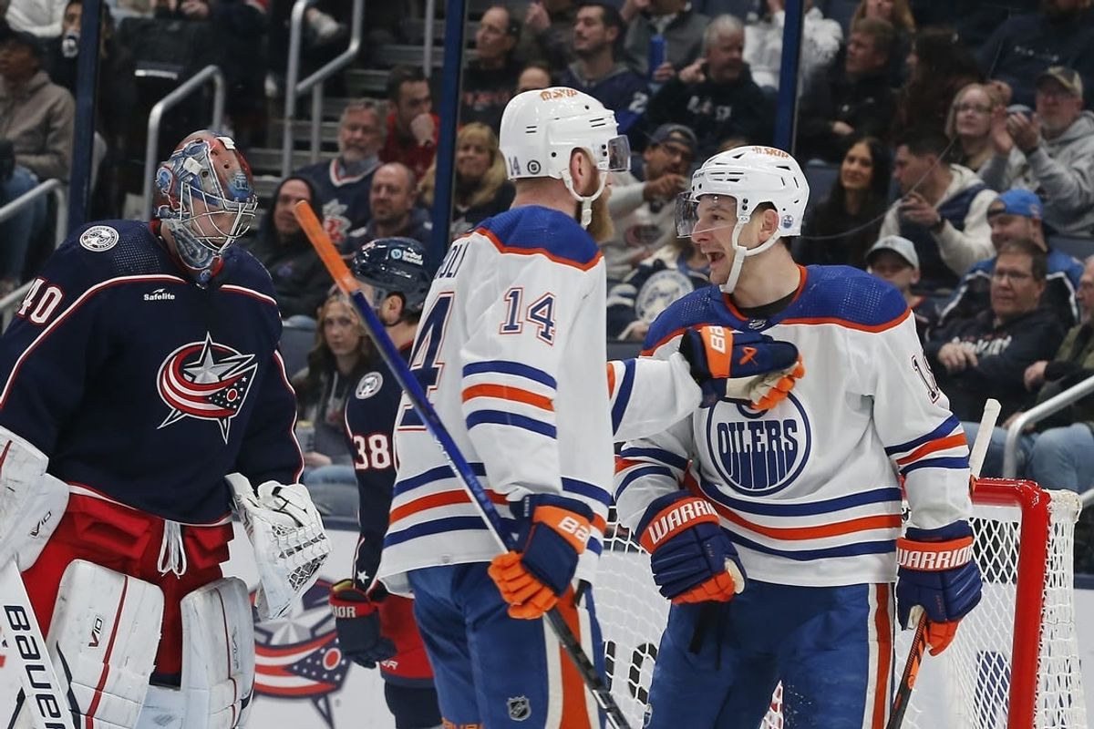 Mar 7, 2024; Columbus, Ohio, USA; Edmonton Oilers center Zach Hyman (18) celebrates his goal against the Columbus Blue Jackets during the second period at Nationwide Arena.