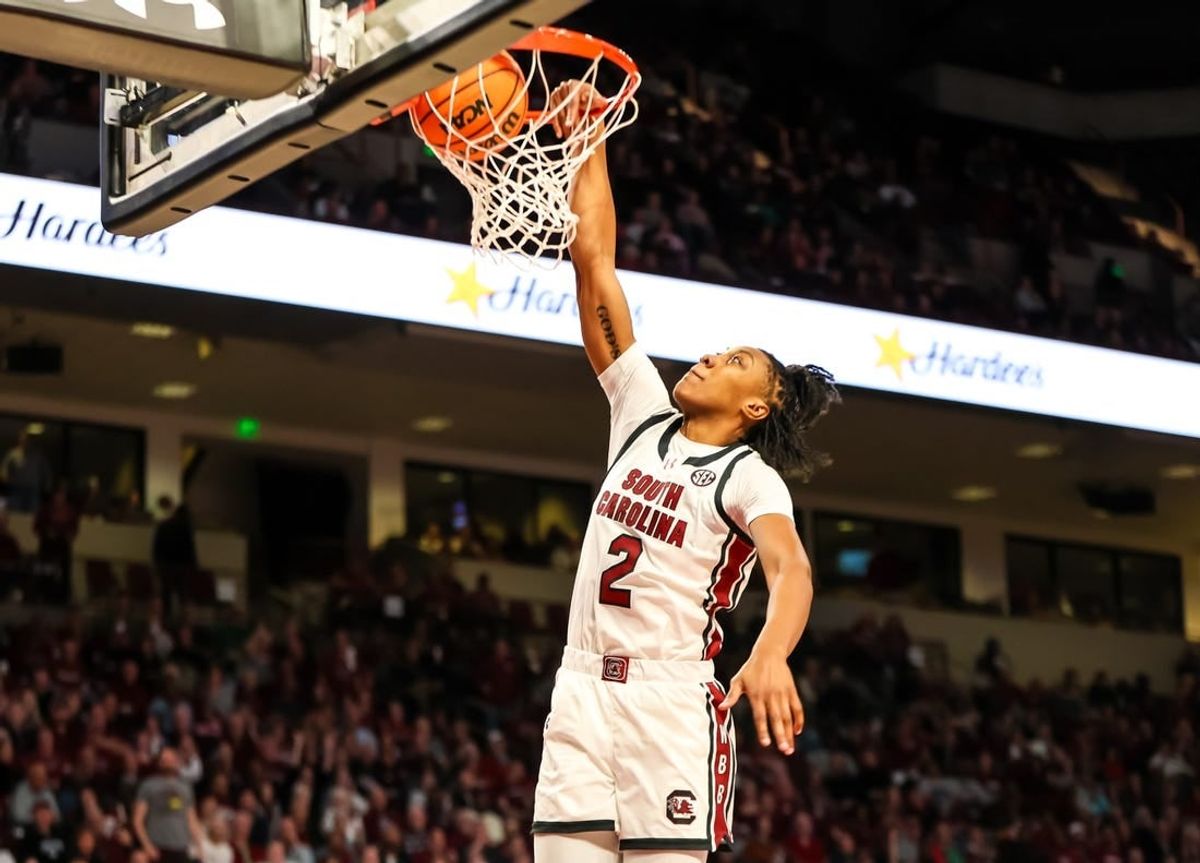 Jan 15, 2024; Columbia, South Carolina, USA; South Carolina Gamecocks forward Ashlyn Watkins (2) dunks against the Kentucky Wildcats in the first half at Colonial Life Arena.