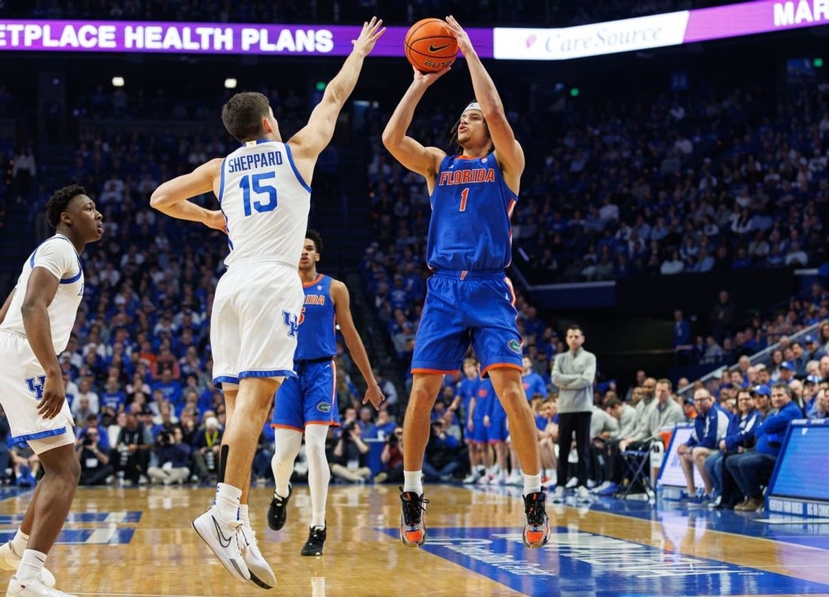 Jan 31, 2024; Lexington, Kentucky, USA; Florida Gators guard Walter Clayton Jr. (1) shoots the ball during the first half against the Kentucky Wildcats at Rupp Arena at Central Bank Center.