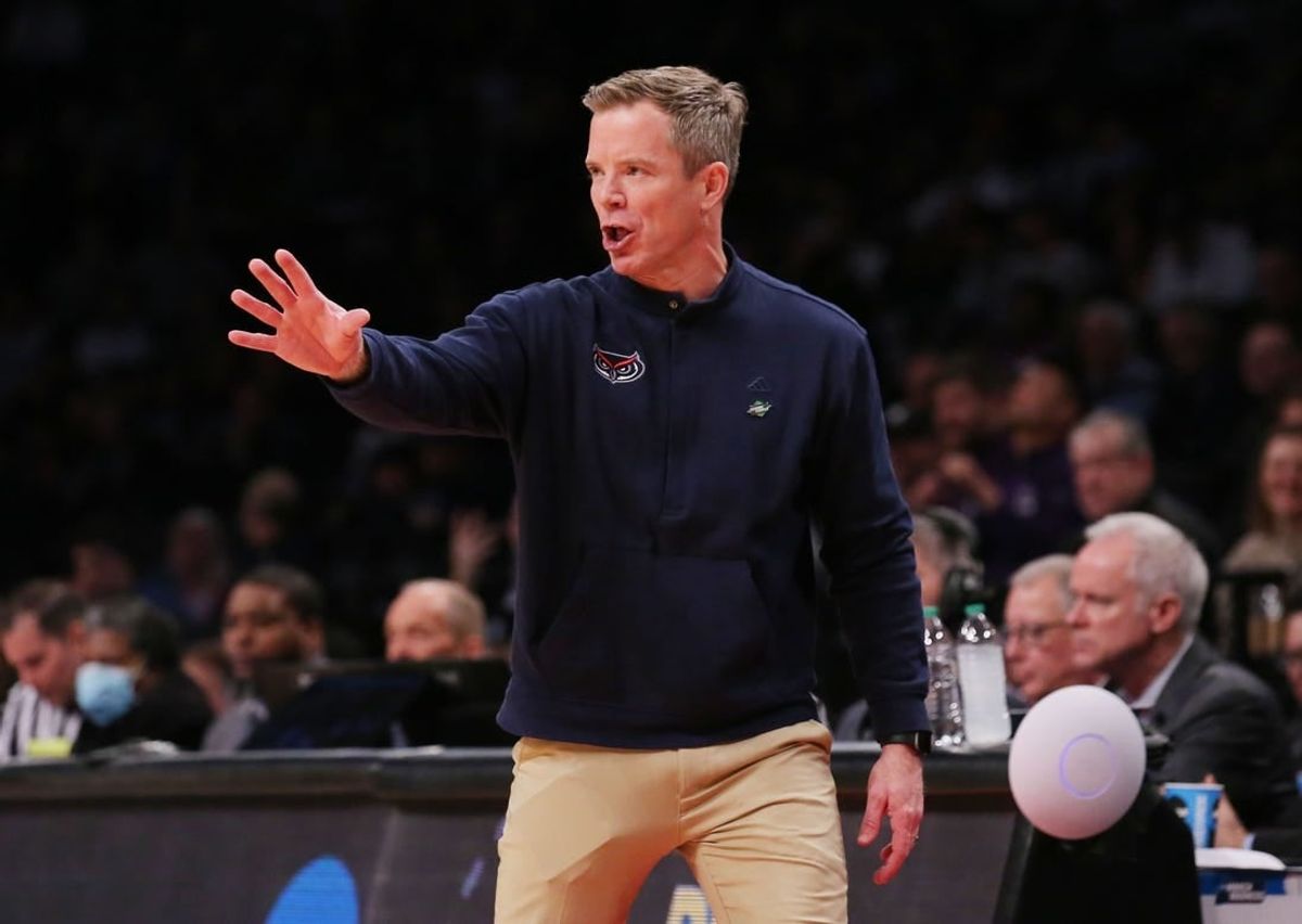 March 22, 2024, Brooklyn, NY, USA;  Florida Atlantic Owls head coach Dusty May reacts against the Northwestern Wildcats in the first round of the 2024 NCAA Tournament at the Barclays Center.
