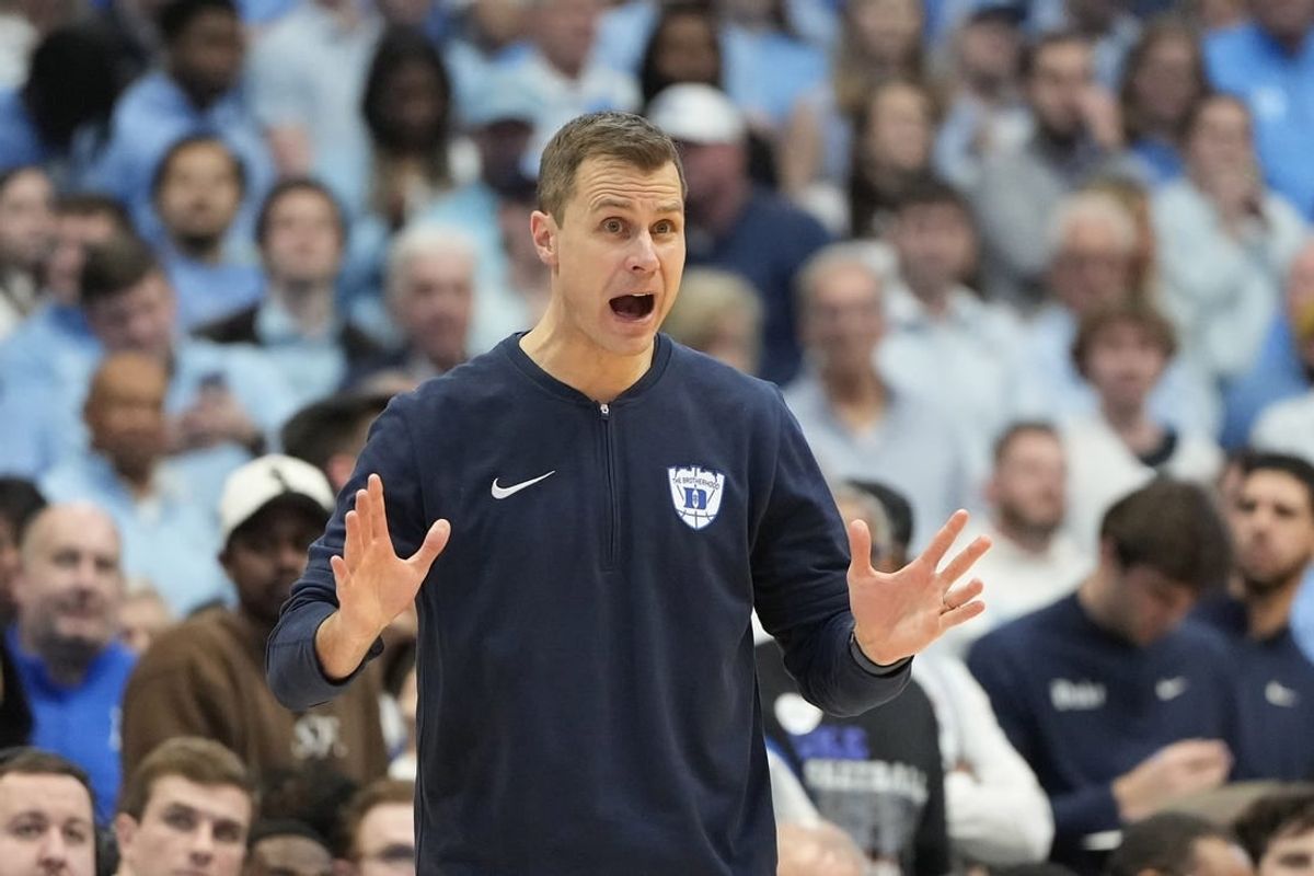 Feb 3, 2024; Chapel Hill, North Carolina, USA;  Duke Blue Devils head coach Jon Scheyer reacts in the second half at Dean E. Smith Center.