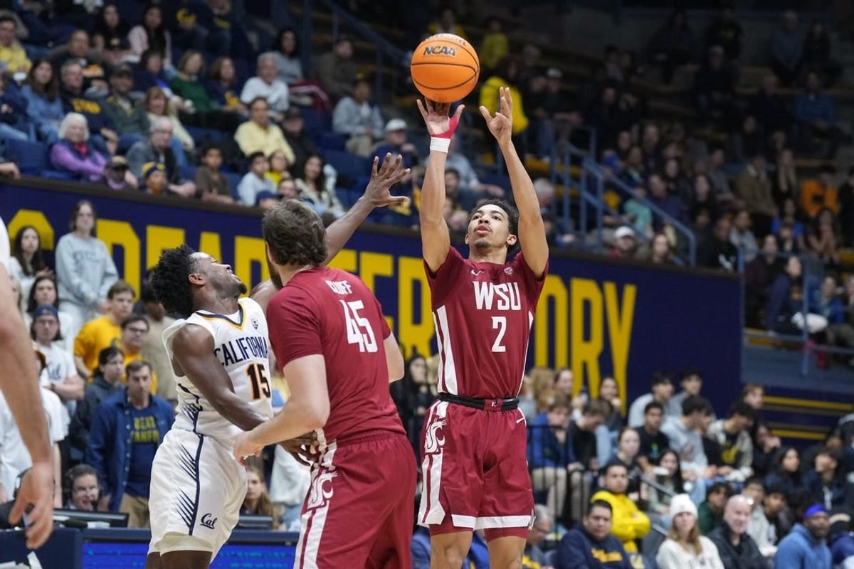 Jan 20, 2024; Berkeley, California, USA; Washington State Cougars guard Myles Rice (2) shoots against California Golden Bears guard Jalen Cone (15) during the first half at Haas Pavilion.