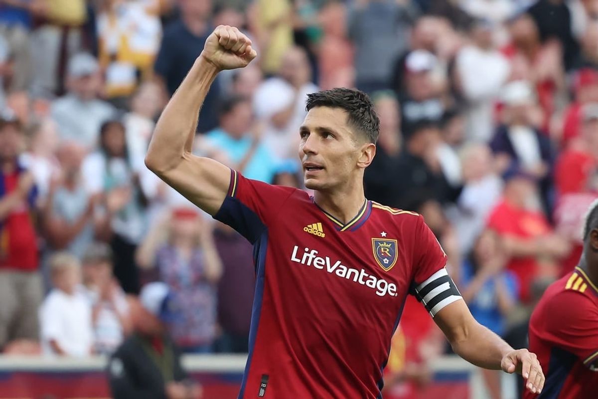 Jun 7, 2023; Sandy, UT, USA; Real Salt Lake midfielder Damir Kreilach (8) reacts to scoring a goal against the Los Angeles Galaxy in the first half at America First Field.