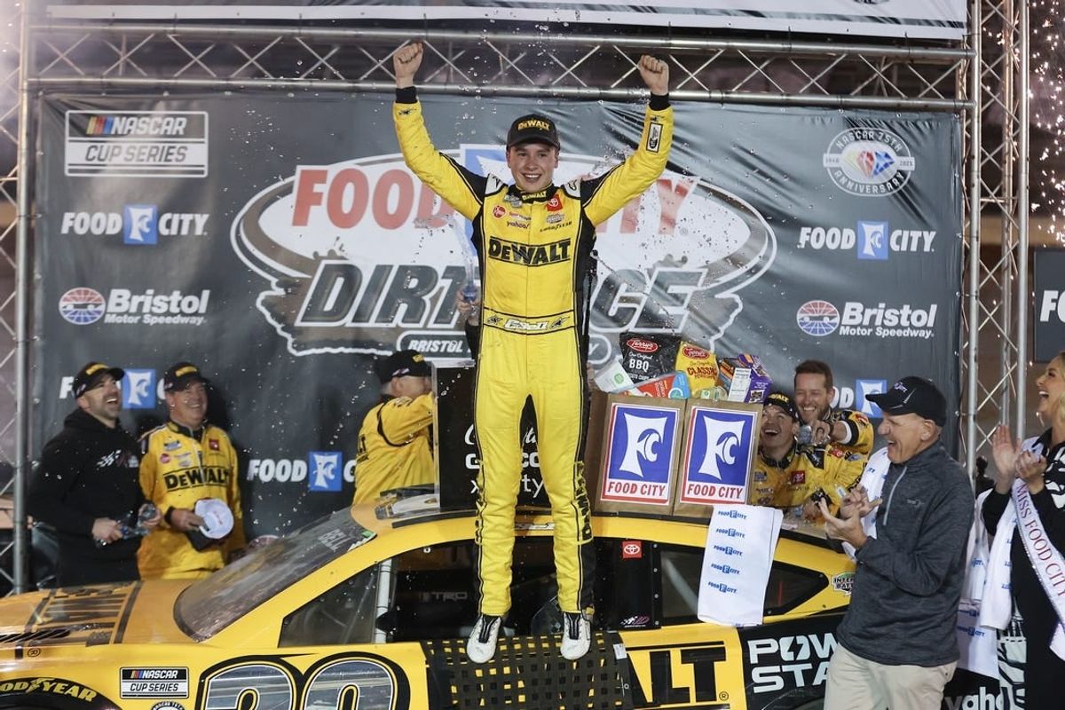 Apr 9, 2023; Bristol, Tennessee, USA; NASCAR Cup Series driver Christopher Bell (20) wins the Food City Dirt Race at the Bristol Motor Speedway Dirt Course.