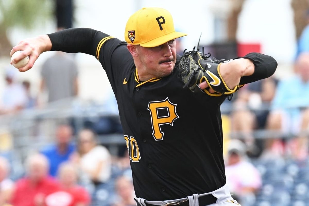 Mar 3, 2024; North Port, Florida, USA; Pittsburgh Pirates pitcher Paul Skenes (30) throws a pitch in the fourth inning of the spring training game against the Tampa Bay Rays at CoolToday Park.
