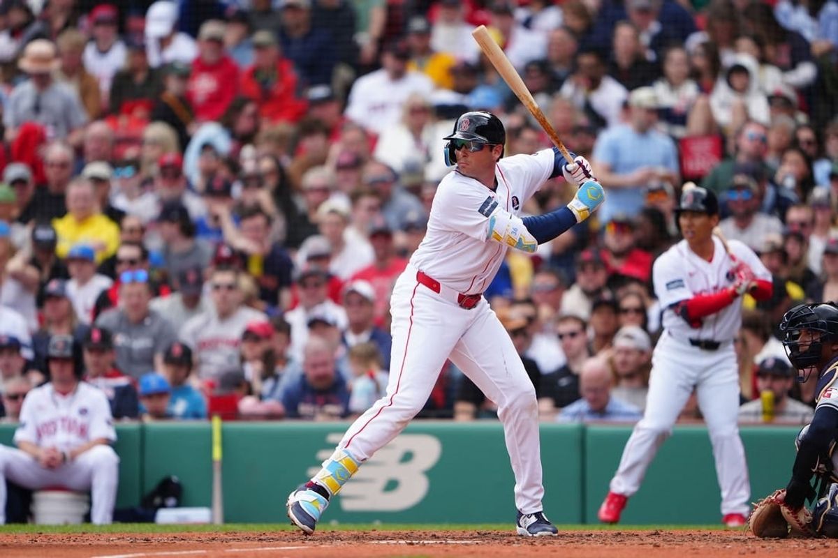 Apr 15, 2024; Boston, Massachusetts, USA; Boston Red Sox first baseman Triston Casas (42) at bat against the Cleveland Guardians during the fourth inning at Fenway Park.