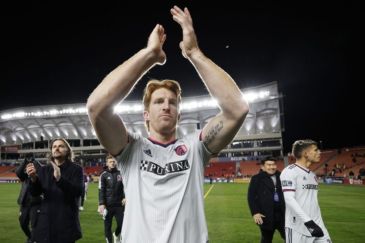 Mar 25, 2023; Sandy, Utah, USA; St. Louis City defender Tim Parker (26) celebrates their win against the Real Salt Lake at America First Field.