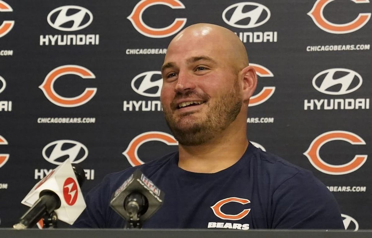 Jul 30, 2022; Lake Forest Illinois, US; Chicago Bears offensive lineman Cody Whitehair answers questions after training camp at Halas Hall.