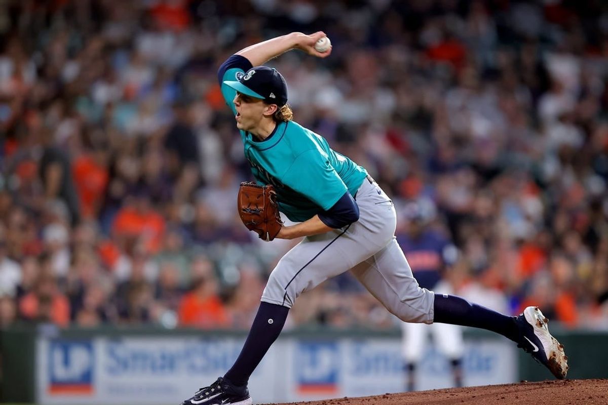 May 4, 2024; Houston, Texas, USA; Seattle Mariners pitcher Logan Gilbert (36) delivers a pitch against the Houston Astros during the first inning at Minute Maid Park.