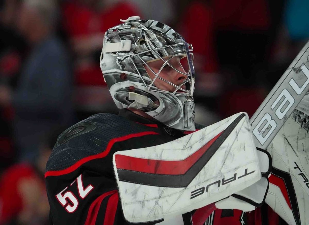 Nov 22, 2023; Raleigh, North Carolina, USA; Carolina Hurricanes goaltender Pyotr Kochetkov (52) looks on against the Edmonton Oilers during the second period at PNC Arena.
