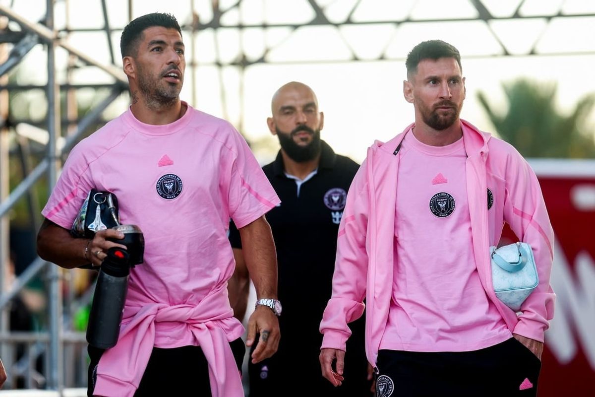 Feb 15, 2024; Fort Lauderdale, FL, USA;  Inter Miami CF forward Lionel Messi (10) and Inter Miami CF forward Luis Suarez (9) arrive for a game against the Newell's Old Boys at DRV PNK Stadium.